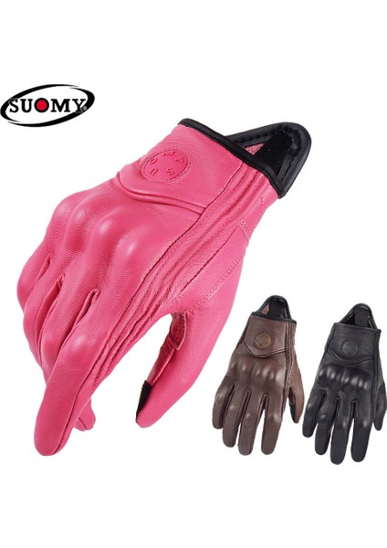 SU14 Pembe Tarzı S Beden Suomy Vintage Deri Motosiklet Eldivenleri Tam Parmak Motosiklet Ekipmanları Kadın Erkek Kahverengi Atv Binici Spor Eldiven Korumak Guantes (Yurt Dışından) indirimleri