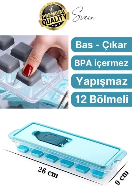 Premium 12 Bölmeli Pratik Bas Çıkar Silikon Buzluk Yapışmaz Kalıp Sızdırmaz Kapaklı Hava Geçirmez