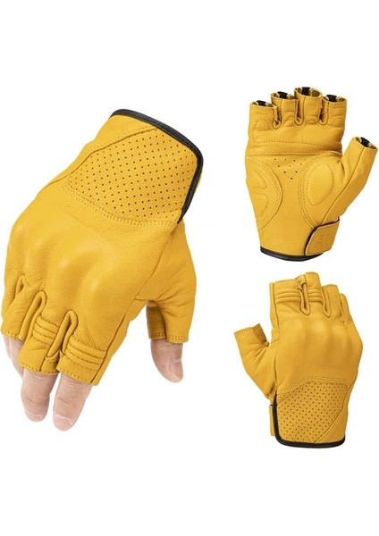 Sarı Stil Xxl Hakiki Keçi Derisi Motosiklet Eldivenleri Motokros Parmaksız Eldiven Yarım Parmak Yaz Retro Vintage Sarı Yarış Erkekler Kadınlar (Yurt Dışından)