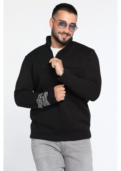 Erkek Dik Yaka Yarım Fermuarlı Şardonlu Üç Iplik Sweatshirt