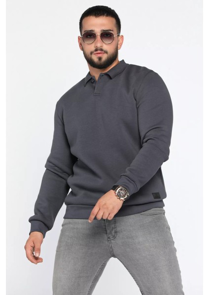 Erkek Polo Yaka Şardonlu Üç Iplik Sweatshirt