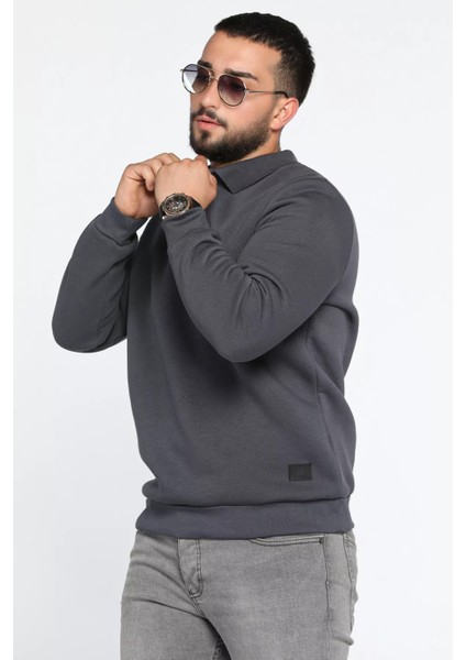 Erkek Polo Yaka Şardonlu Üç Iplik Sweatshirt