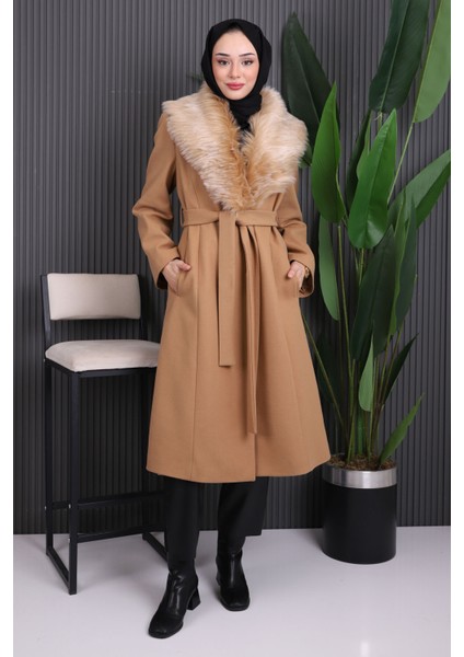 Camel Yaka Kürklü Kaşe Kaban