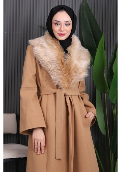 Camel Yaka Kürklü Kaşe Kaban modelleri