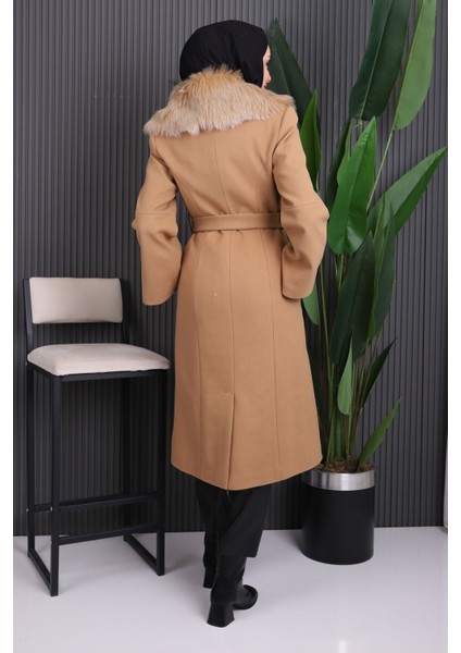 Camel Yaka Kürklü Kaşe Kaban fırsatları