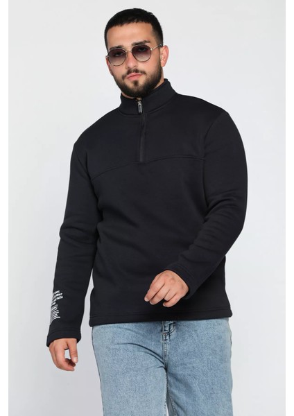 Erkek Dik Yaka Yarım Fermuarlı Şardonlu Üç Iplik Sweatshirt