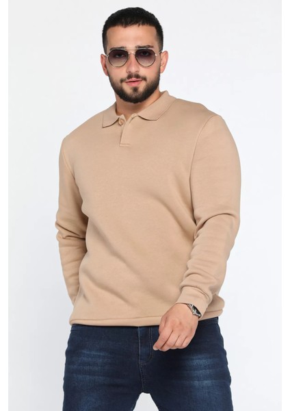 Erkek Polo Yaka Şardonlu Üç Iplik Sweatshirt