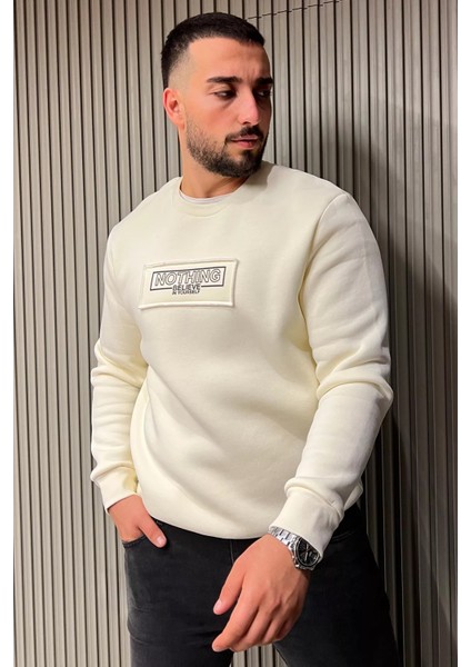 Erkek Yazı Baskılı Şardonlu Üç Iplik Sweatshirt