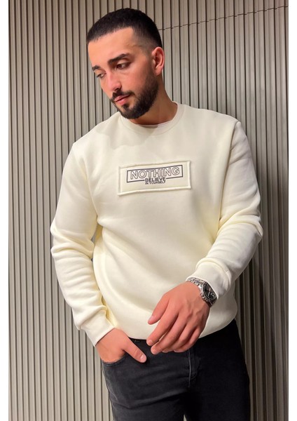 Erkek Yazı Baskılı Şardonlu Üç Iplik Sweatshirt