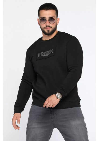 Erkek Yazı Baskılı Şardonlu Üç Iplik Sweatshirt