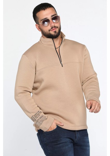 Erkek Dik Yaka Yarım Fermuarlı Şardonlu Üç Iplik Sweatshirt