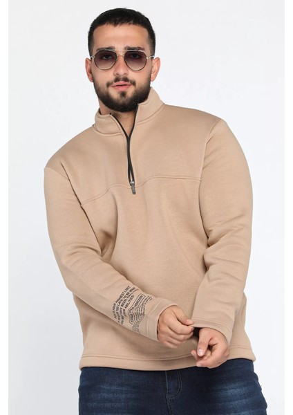 Erkek Dik Yaka Yarım Fermuarlı Şardonlu Üç Iplik Sweatshirt