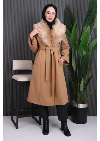 Camel Yaka Kürklü Kaşe Kaban
