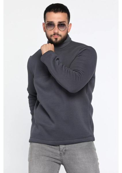 Erkek Dik Yaka Yarım Fermuarlı Şardonlu Üç Iplik Sweatshirt