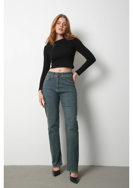 Kadın Yüksek Bel Boyfriend Jeans Eskitme