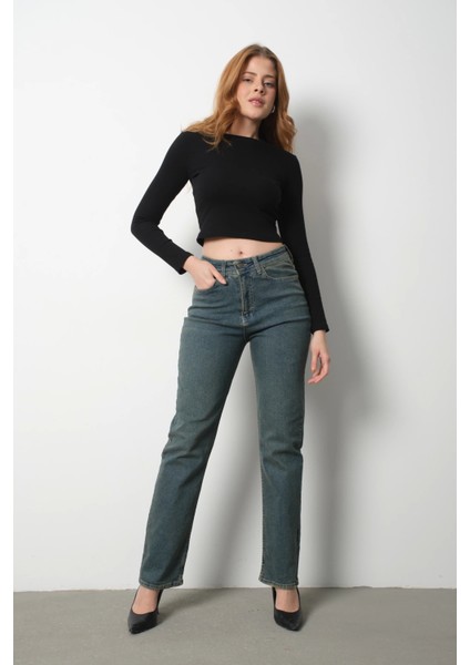 Kadın Yüksek Bel Boyfriend Jeans Eskitme