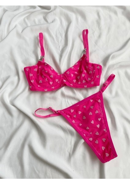 Love Taşlı Kalp Baskılı Sütyen Takım