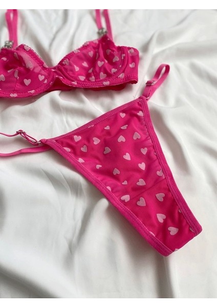 Love Taşlı Kalp Baskılı Sütyen Takım modelleri