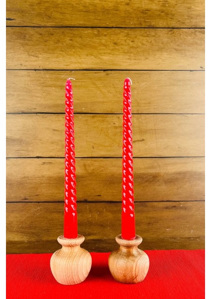 2 Li Nar Model Ahşap Şamdan Seti, Dekoratif Şamdan