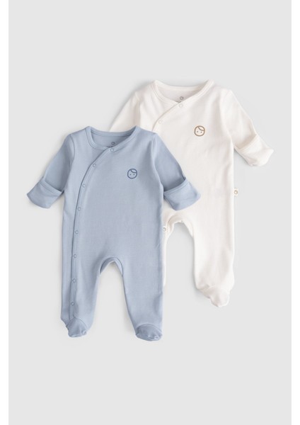 Kendinden Eldivenli Patikli 2'li Organik Pamuk Mavi - Ekru Tulum Seti