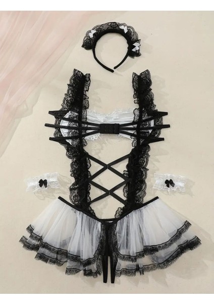 - Yaramaz Hizmetçi Kostüm,fiyonk Düğüm Dantel Trim Criss Elbise&manşetler&kadın Iç Çamaşır Seti