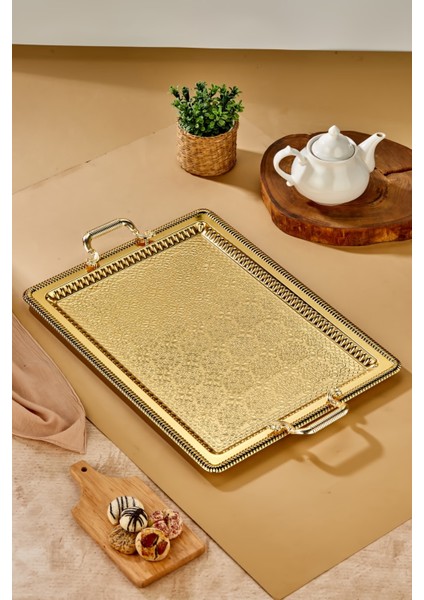 Battal Boy Gold Renk Metal Servis Tepsisi - Gold Kulplu Şık Tasarım