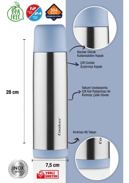 750 ml Çift Kat Paslanmaz Çelik Termos (Okul, Ofis, Kamp, Piknik, Outdoor, Kafe, Otel) - 304 Kalite, Uzun Süre Sıcak ve Soğuk Tutma