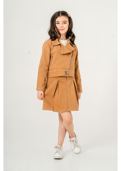 (7-11 Yaş) Gabardin Kruvaze Yaka Ceket Etekli 3 lü takım - Kahverengi
