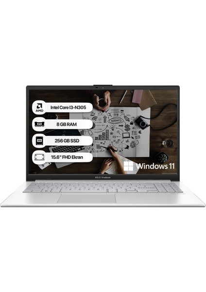 Vivobook Go 15 Intel Core I3-N305 8gb 256GB SSD Windows 11 Home 15.6" Fhd Taşınabilir Bilgisayar E1504GA-NJ257W