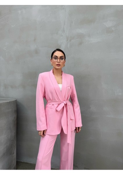 Kadın Ikili Kuşaklı Blazer Ceket Pantolon Takım