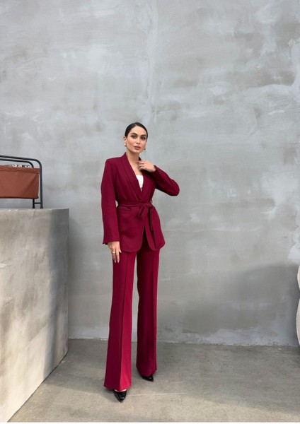Kadın Ikili Kuşaklı Blazer Ceket Pantolon Takım