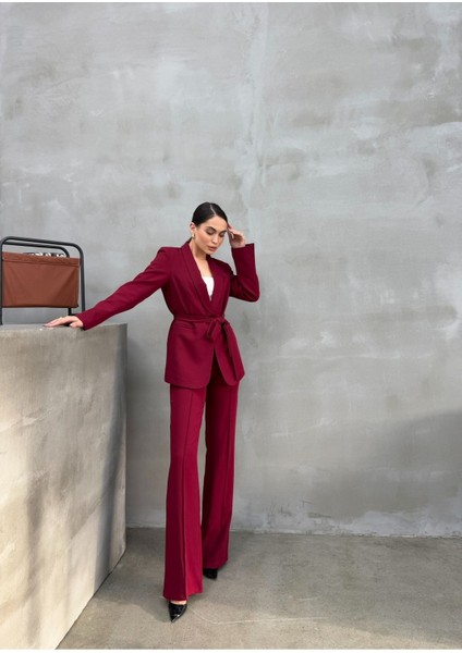 Kadın Ikili Kuşaklı Blazer Ceket Pantolon Takım modelleri