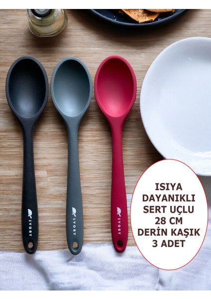 Sert Uçlu Isıya Dayanıklı Yanmaz Yapışmaz Silikon 28 cm Kaşık Seti 3 Adet