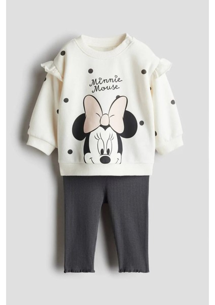 Yeni Sezon Kız Çocuk Minnie Mouse Baskılı Pamuklu Şardonsuz Taytlı 2'li Takım
