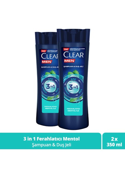 Men 3 in 1 Şampuan & Duş Jeli Ferahlatıcı Mentol Etkisi Saç Yüz Vücut İçin 350 ml x2