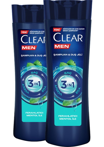 Men 3 in 1 Şampuan & Duş Jeli Ferahlatıcı Mentol Etkisi Saç Yüz Vücut İçin 350 ml x2