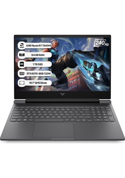 Victus 7Z4L9EA-64 R7 7840HS 64GB 1tb SSD RTX4070-8GB Freedos 16.1" 240 Hz Qhd Taşınabilir Bilgisayar
