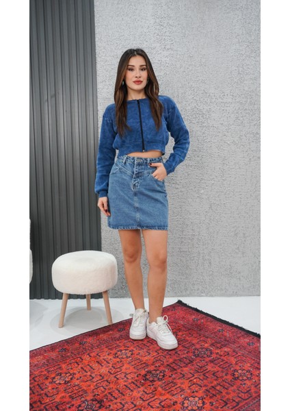 Fermuarlı Triko Crop Hırka Mavi