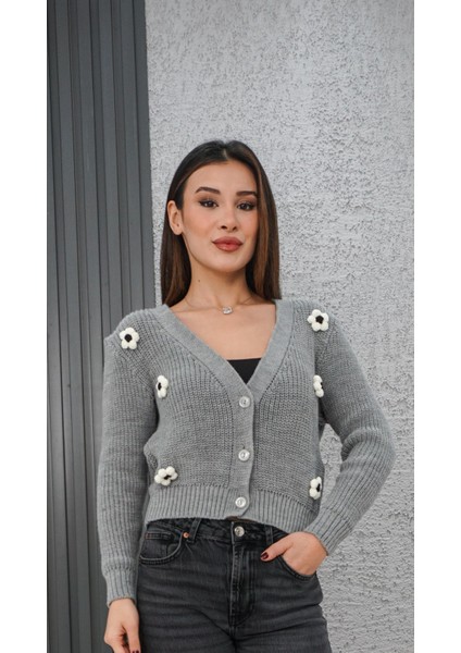 Çiçekli Hırka Gri