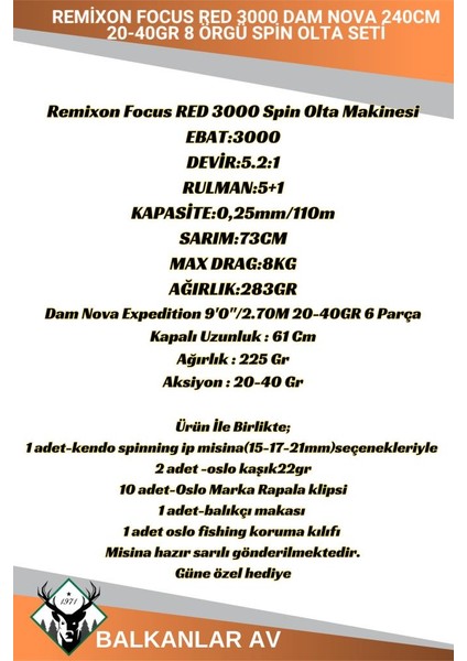 Nova 240CM 20-40GR Remixon Focus Red 3000 8 Örgü Spin Olta Seti