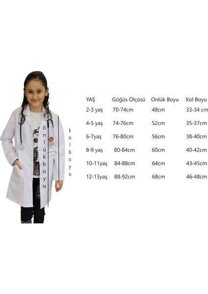 Kız Çocuk Doktor Önlüğü ( 2 -13 Yaş Aralığı Bedenler ) Öğretmen Laboratuvar Beyaz Önlük