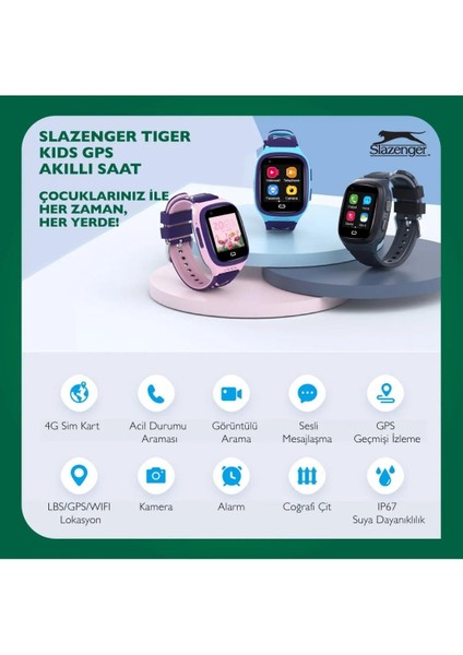 SL.09.2158.5.12 Slazenger Tiger Kids Marka Sim Kartlı Çocuk Akıllı Saati Hat Takılır Takılabilir Görüntülü Arama Sesli Arama Yapılabilir Ortam Dinlemesi Yapılabilir Konum Takibi Yapılabilirmavi/siyah