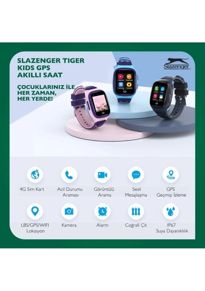 SL.09.2158.5.07 Slazenger Tiger Kids Marka Sim Kartlı Çocuk Akıllı Saati Hat Takılabilir Görüntülü Arama Sesli Arama Yapılabilir Ortam Dinlemesi Yapılabilir Konum Takibi Yapılabilir Yeşil/siyah