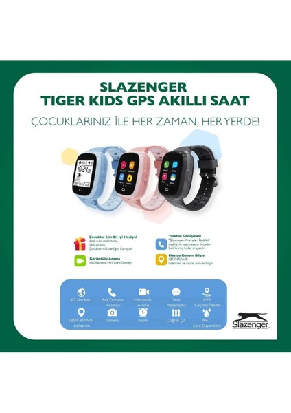 SL.09.2158.5.07 Slazenger Tiger Kids Marka Sim Kartlı Çocuk Akıllı Saati Hat Takılabilir Görüntülü Arama Sesli Arama Yapılabilir Ortam Dinlemesi Yapılabilir Konum Takibi Yapılabilir Yeşil/siyah