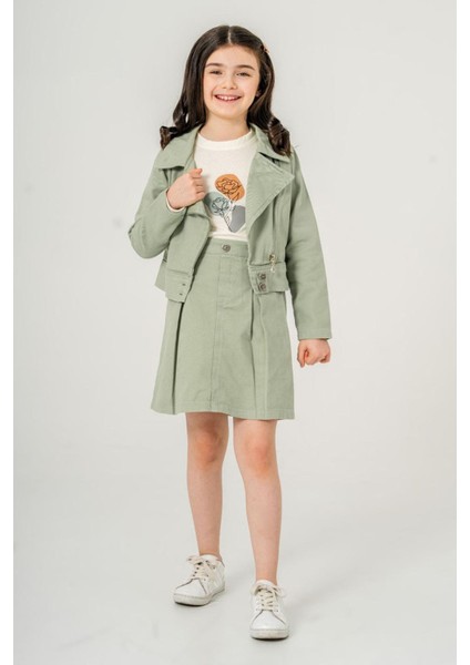 (7-11 Yaş) Gabardin Kruvaze Yaka Ceket Etekli 3 lü takım - Yeşil