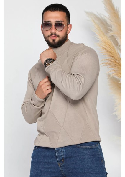 Erkek Yarım Balıkçı Fermuarlı Desenli Triko Kazak