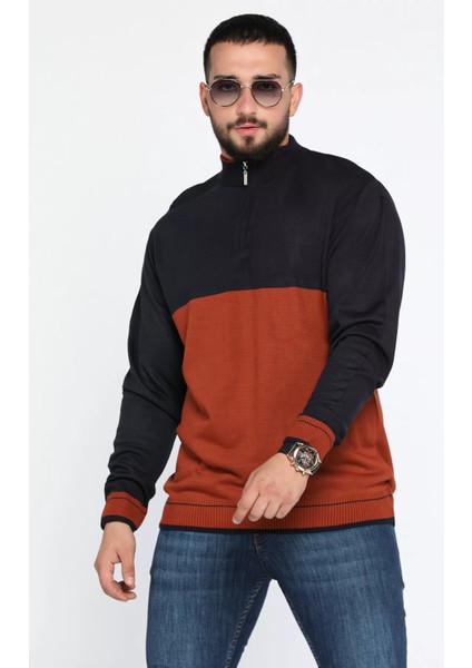 Erkek Yarım Boğazlı Renk Garnili Triko Kazak