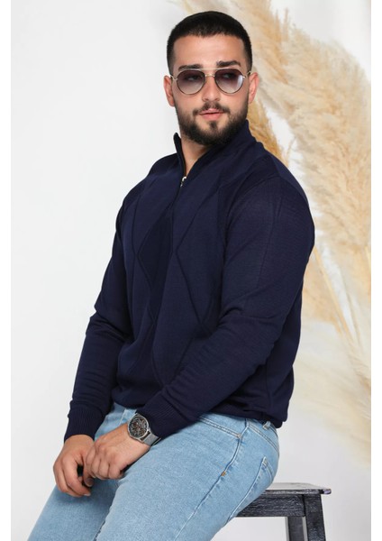 Erkek Yarım Balıkçı Fermuarlı Desenli Triko Kazak