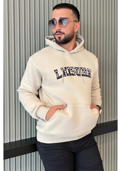 Erkek Kapüşonlu Nakışlı Şardonlu Üç Iplik Sweatshirt