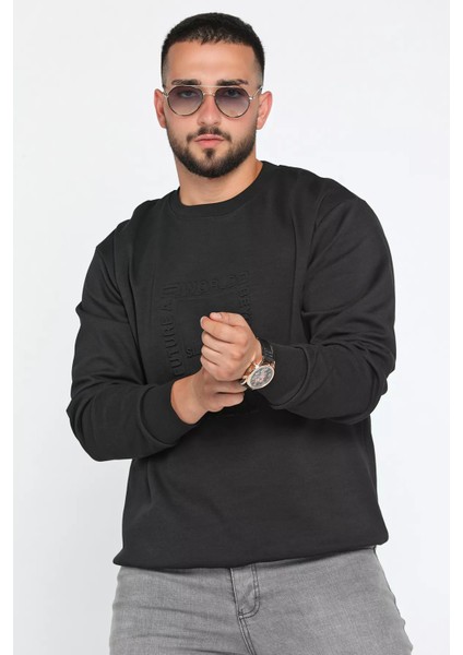 Erkek Bisiklet Yaka Kabartma Desen Yazılı Sweatshirt